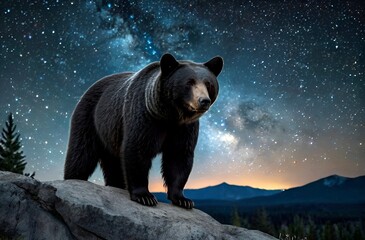 Fototapeta premium Majestic bear stands guard beneath the vast expanse of the night sky, a powerful force in the darkness.