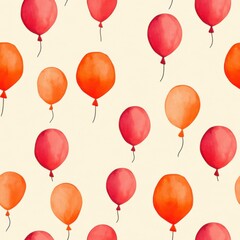 Vintage Red, Orange, and Pink Balloons pattern on vintage beige fabric background, seamless repeating pattern, textile print style, minimal, vibrant balloon design, summer decor, textiles