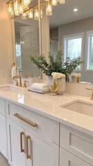 The golden faucet stands out on the marble sink, showcasing exquisite craftsmanship in a minimalist bathroom. Light tones and floral accents create a serene atmosphere.