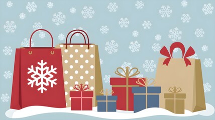 Festive Winter Shopping Scene with Snowflakes and Wrapped Presents