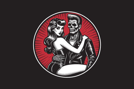 Rockabilly psychobilly love couple. Beautiful woman and zombie man. Vintage vector retro black and white illustration, print, tattoo. Round emblem, sketch.