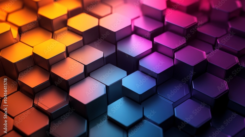 Aufkleber A striking arrangement of hexagonal tiles displays a gradient of purple and orange hues against a black background, creating a visually captivating texture that invites exploration.