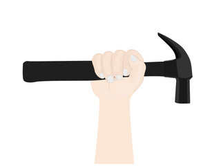 Hand holding a hammer on a white background.