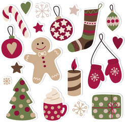 Set of Christmas stickers with gift box, stocking, candle, gingerbread, decorations, mittens, candy, tree, cup, snowflakes and stars. 