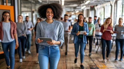 Obraz premium Female manager walking through a bright corporate office, holding her tablet and discussing new ideas with her team.