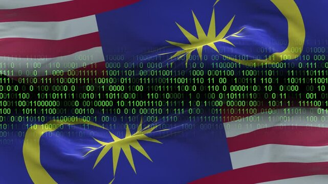 Malaysia flag - 3D realistic waving flag on matrix digital background with binary code