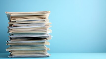 A large stack of documents on blue. Illustrates a large workload, bureaucracy, or paperwork.