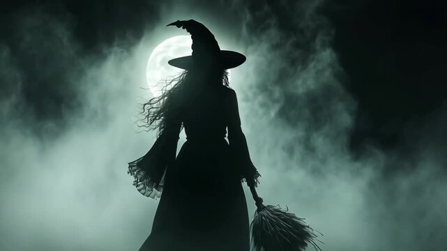 witch with broom silhouette in moonlight