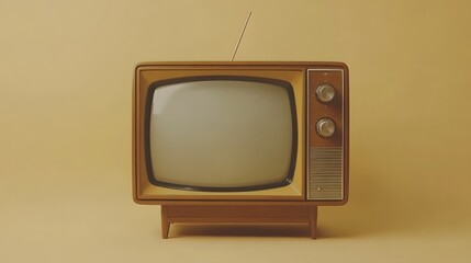 Retro television set from the 1970s styled with wooden cabinet and analog features, set against a beige background in a clean, nostalgic mid-century modern presentation.