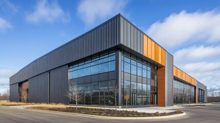 A modern industrial building with an aluminum facade and blue sky backdrop, featuring geometric design elements and corrugated steel patterns on the warehouse structure. 
