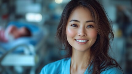 Obraz premium In a bustling maternity ward, a friendly healthcare professional beams with pride while caring for newborns and supporting new mothers surrounded by medical equipment