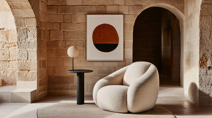 Elegant reading nook in a minimalist living room with neutral tones, a soft armchair, and a framed abstract art piece on the wall