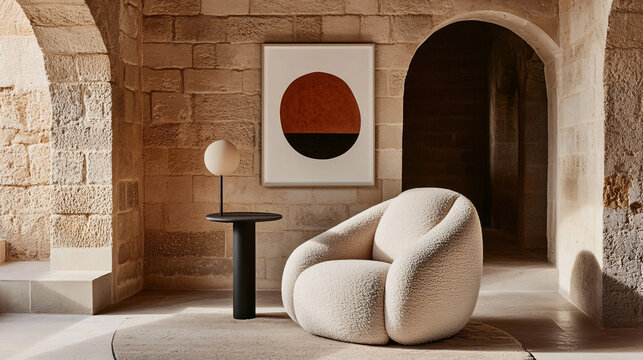 Elegant reading nook in a minimalist living room with neutral tones, a soft armchair, and a framed abstract art piece on the wall
