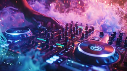 A DJ playing energetic beats their music creating a chaotic and everchanging dance floor reminiscent of the constantly shifting nature of spacetime.