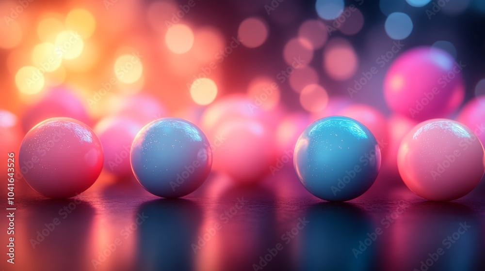 Poster A series of colorful spherical objects in shades of pink and blue are positioned on a shiny surface, contrasting against a softly glowing backdrop.