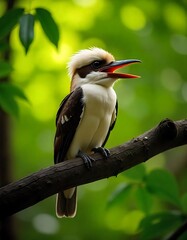 A bird with a white head and brown stripe sits on a branch with green foliage in the background. 