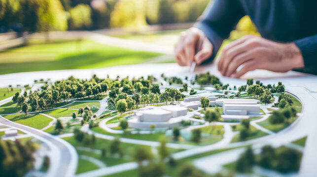 Landscape architects planning a park design, using sketches and models to create a beautiful green space for the community