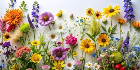 Bunch of wildflowers with varying colors and shapes arranged artfully, nature, bouquet
