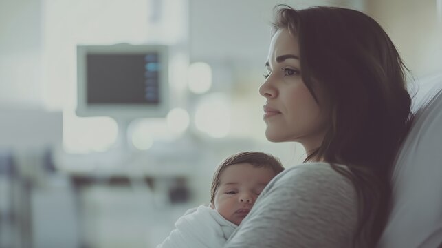 A mother lovingly breastfeeds her newborn in a maternity ward, creating a peaceful connection. The soft lighting enhances the intimate atmosphere of their bonding moment