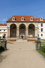 Wallenstein Garden with art statues in front of Wallenstein Palace (Valdstejnska Zahrada), Prague, Czech Republic