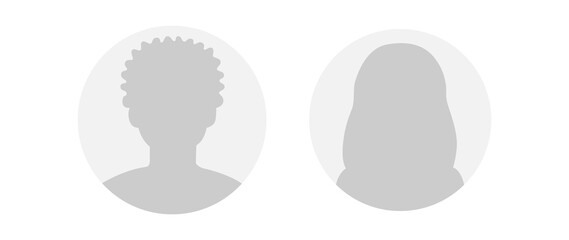 Flat illustration in grayscale. Round icons of man and woman. Avatar, user profile, person icon, profile picture. Suitable for social media profiles, icons, screensavers and as a template...