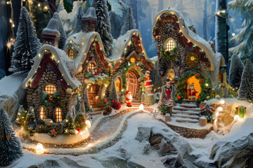 Obraz premium A charming winter village blanketed in snow, featuring colorful houses, decorated Christmas trees, and twinkling lights, creating a magical atmosphere.