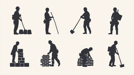 A silhouette collection of bricklayers wearing construction uniforms in different poses, symbolizing the variety of tasks in masonry work. 