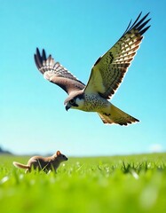 A hawk flies above a field as a small animal runs on the ground. 