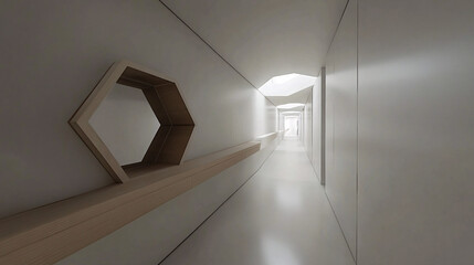 Minimalist interior hallway with a floating console shelf, hexagonal mirror, and clean white walls