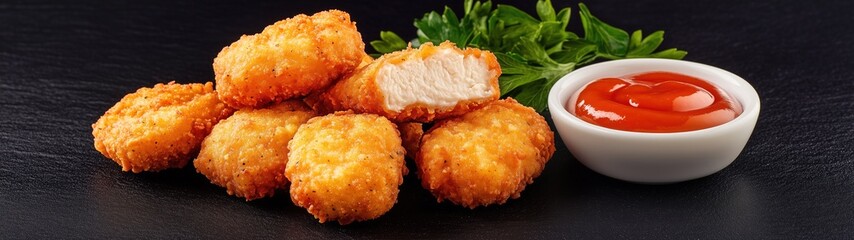 Tasty fried chicken nuggets with ketchup on dark background.