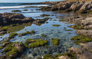 Rocky beach with tide pools filled with seaweed and small crabs