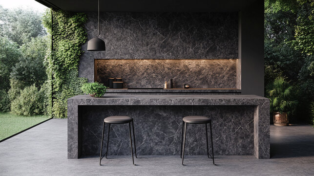 Minimalist kitchen design with a dark stone island, slim bar stools, and a touch of greenery for contrast