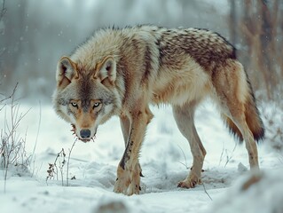 Obraz premium Emaciated Wolf Wandering Through Snowy Landscape Symbolizing Impact of Food Scarcity