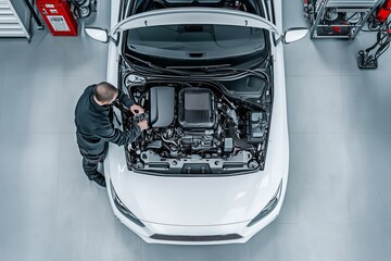 Under the hood. A car mechanic working on the engine of a white car in a modern workshop, car repairs concept, top view. 