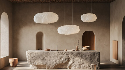 Minimalist kitchen island with pendant lighting and natural stone surface