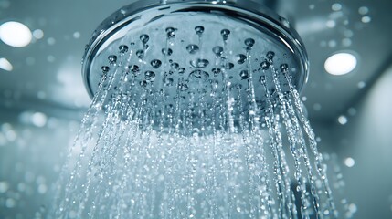 Fototapeta na wymiar Close-up of a shower head with water droplets, featuring a circular chrome fixture against clean white tiles, illuminated by sunlight in a modern bathroom with a refreshing ambiance.