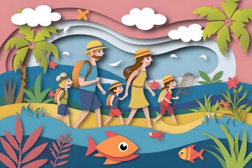 Vibrant and Colorful Paper Cut Art Style Image of a Tropical Beach Landscape with Palm Trees  Ocean Waves  and Playful Fish