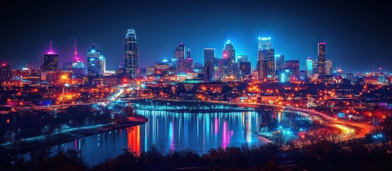 Fototapeta premium Night cityscape with colorful lights reflecting on water.