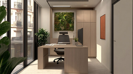 Fototapeta premium Minimalist office corner with a touch of greenery and light wooden furniture