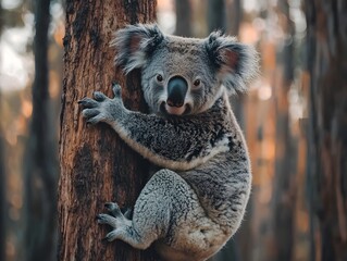 Fototapeta premium Malnourished Koala Clinging to Tree Symbolizing Wildlife Habitat Loss Impact