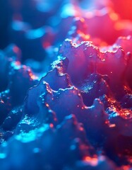 A close up of an abstract uneven surface illuminated with red and blue lights.