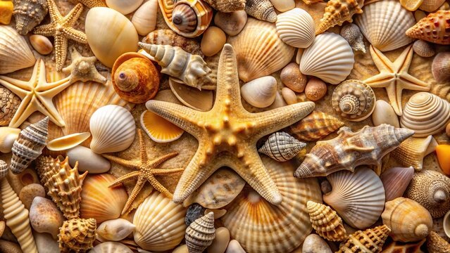 Background texture of seashells and starfish from a low angle view