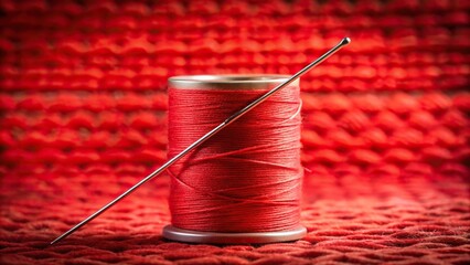 Background with sewing needle on red thread spool