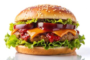 Bacon cheeseburger hamburger on white background with BBQ sauce and lettuce