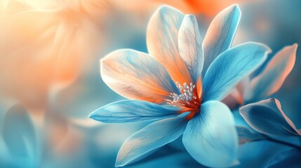 A blue flower with orange petals. The flower is in the center of the image. The background is a mix of blue and orange
