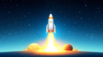A vibrant rocket launches into space, leaving a bright trail against a starry sky with distant planets, symbolizing exploration.