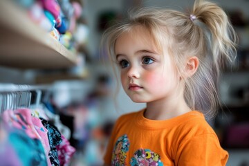 Fototapeta premium A young girl with blonde pigtails is captivated by colorful clothes on a rack in a bright, cheerful store, illustrating a vivid moment of innocence and wonder.