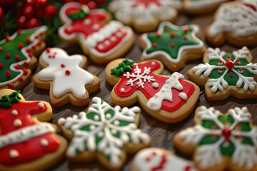 Obraz premium Festive Christmas cookies decorated with colorful icing in holiday shapes, perfect for celebrating the season with sweetness.