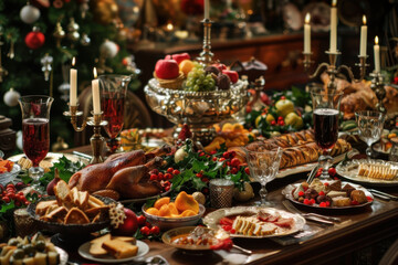 A lavish holiday feast with roasted turkey, fruits, breads, and desserts, beautifully arranged on a festive table.
