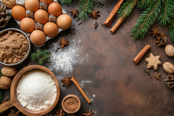 Festive holiday baking scene with gingerbread cookies, flour, eggs, spices, and baking tools on a rustic wooden table.